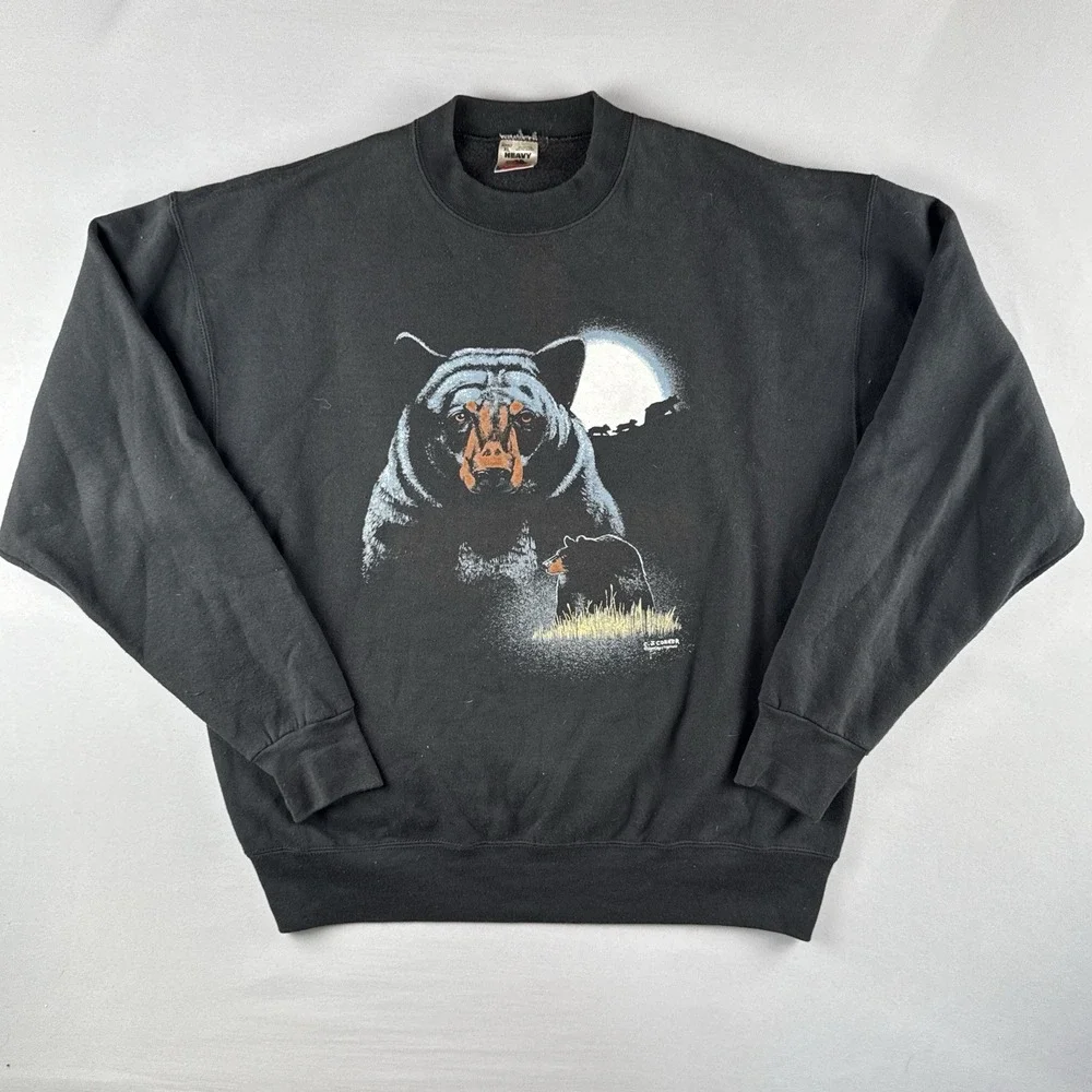 Vintage 90s Bear Sweatshirt USA Made Fruit Of The Loom Black XL Nature